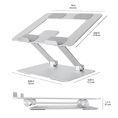 Amazon Basics Sturdy and Portable Ergonomic Laptop Stand for Desk, Adjustable Riser, Fits all Laptops and Notebooks up to 17.3 Inch, Silver, 10 x 8.7 x 6 in