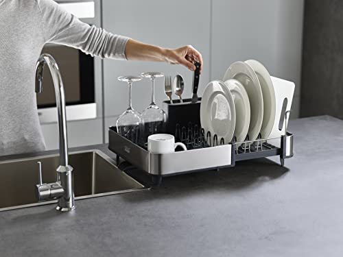 Joseph Joseph Extendable Dish Drying Rack with Dual Parts - Stainless Steel, Non-Scratch, Movable Utensil Drainer & Drainage Spout, Gray