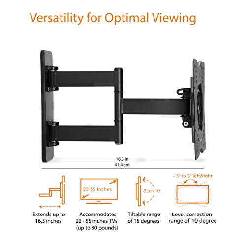 Amazon Basics Full Motion Articulating TV Monitor Wall Mount for 26" to 55" TVs and Flat Panels up to 80 Lbs, Black