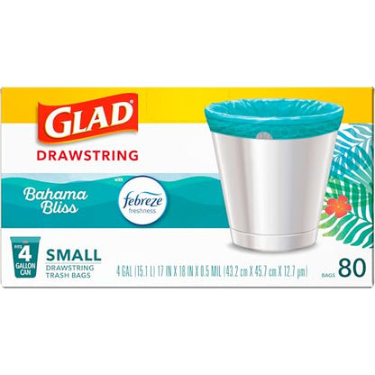Glad Small Trash Bags 4 Gallon, Febreze Bahama Bliss Garbage Bags, Odor Resistant with Drawstring, 80 Count