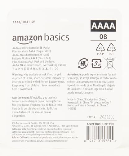 Amazon Basics 8-Pack AAAA Alkaline High-Performance Batteries, 1.5 Volt, 3-Year Shelf Life