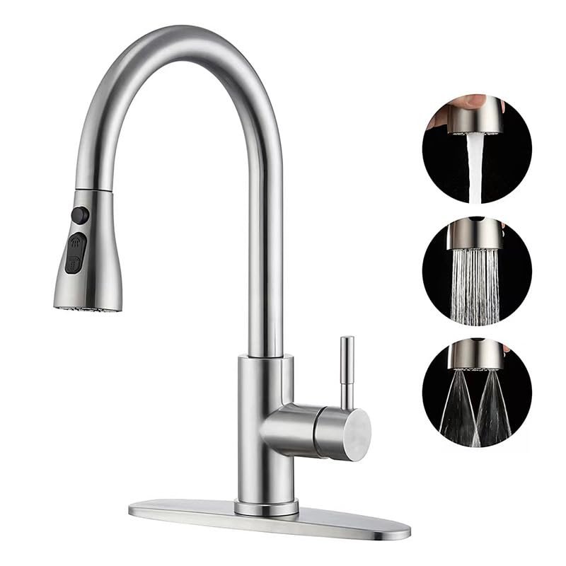 HPUFKOT Kitchen Faucet with Pull Down Sprayer Multitask Mode Single Handle High Arc Pull Out Kitchen Sink Faucet Offers Efficient Cleaning for RV (Silver)