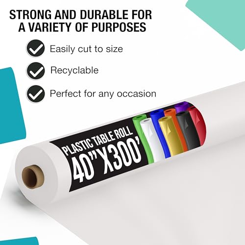 Exquisite Party Solids White Plastic Table Cover Roll 40" X 300' Table Cloth Plastic Cover Roll - Premium Quality Thick 0.5 MIL Banquet Rolls - Disposable Tablecloth Rolls