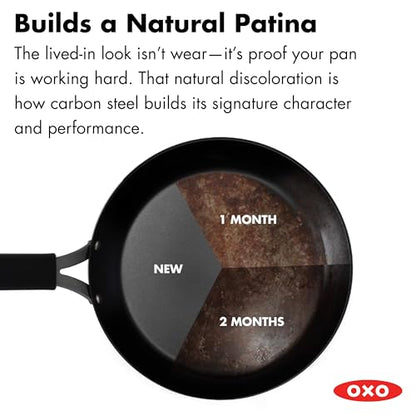 OXO Obsidian Pre-Seasoned Carbon Steel, 10" Frying Pan Skillet with Removable Silicone Handle Holder, Induction, Oven Safe, Black