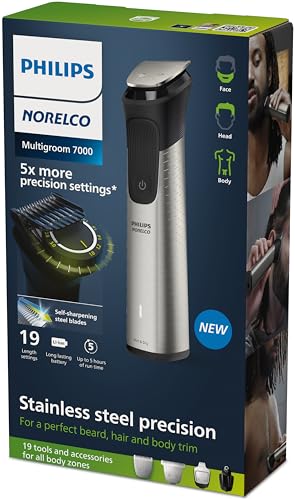 Norelco Philips Multigroom 7000 Series, All-in-One Trimmer, Beard Trimmer and Hair Clipper, 19-Piece Men's Grooming Kit for Beard, Head, Hair, Body, and Face, Soft Pouch, MG7910/49