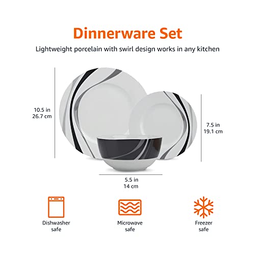 Amazon Basics Dinnerware Set, Microwave and Dishwasher Safe, Service for 6, 18-Piece Complete Kitchen, Plates, Dishes, Bowls, Swirl