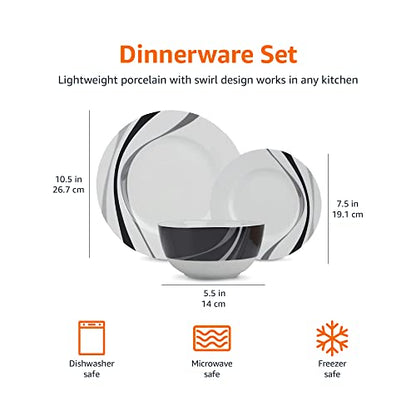 Amazon Basics Dinnerware Set, Microwave and Dishwasher Safe, Service for 6, 18-Piece Complete Kitchen, Plates, Dishes, Bowls, Swirl