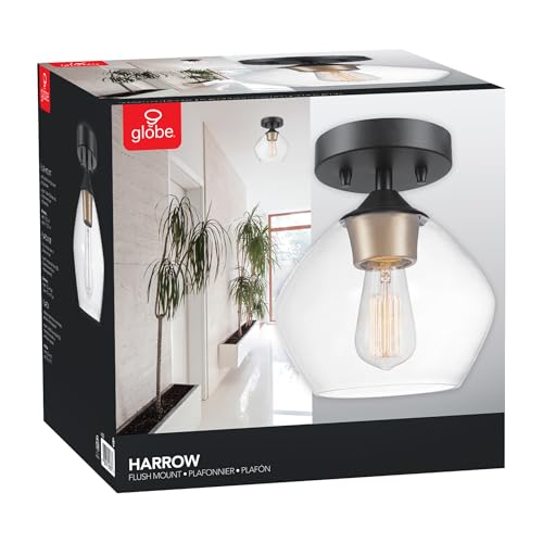 GLOBE Electric Harrow 1-Light Semi-Flush Mount Ceiling Light with a Matte Black Finish, Gold Accent Socket and Clear Glass Shade, Dimmable Option