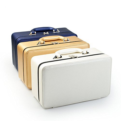 Oirlv Blue Leather Jewelry Box Handmade Travel Jewelry Organizer Storage Case Holder For Girl Lady Earring,Ring,Necklace,Pendant,Watch,Bracelet.(3 layers)