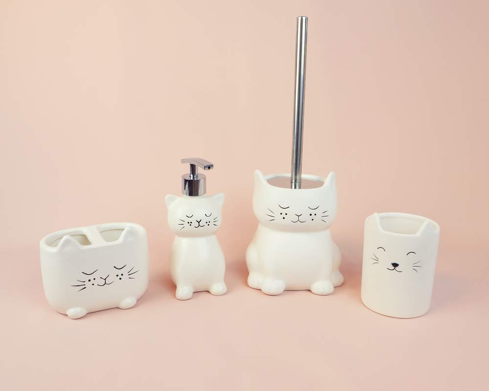 Isaac Jacobs White Ceramic Cat Makeup Brush Holder, Multi-Purpose 2-Section Organizer. Bathroom, Kitchen, Bedroom, Office Décor (2-Section Cup, Pastel White)