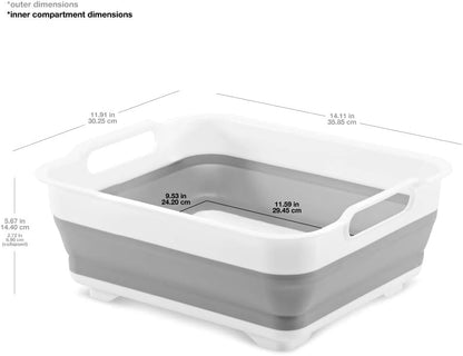 Madesmart Collapsible Dishwashing Basin with Handles, Plastic Pop-Up Dish Wash Basin for Kitchen Counters, Gray/White