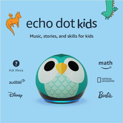 Amazon Echo Dot Kids with Alexa (newest model), Designed for kids, with parental controls, Includes 1 Year of Amazon Kids+, Owl