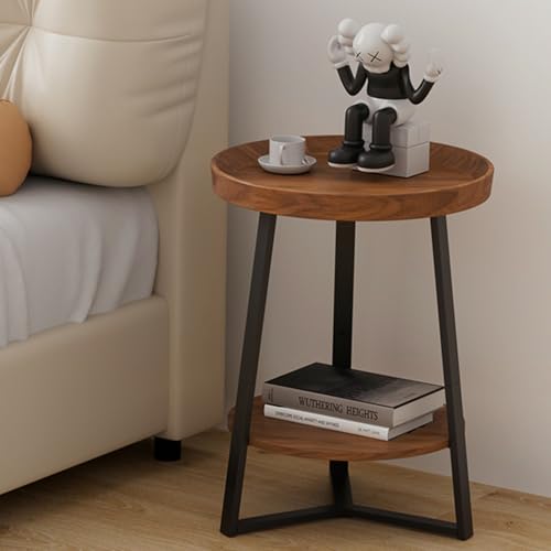 Gadroad Round End Table with Storage Shelf, 2 Tier Farmhouse Side Table Nightstand for Living Room, Bedroom, Wood Tabletop & Black Metal Frame, Brown 15.7 * 15.7 * 23.0inches