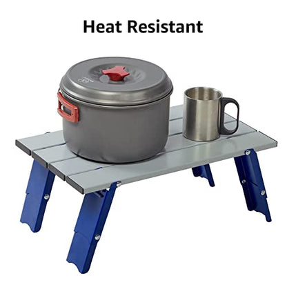 PORTAL Folding Mini Small Beach Table, Portable Aluminum Beach Table with Retractable Legs and Carry Bag for Outdoor Picnic/Cooking/Camp/Travel/Beach,15" L x 8" W x 6" H, Silver/Blue