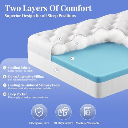 OhGeni Cooling 4 inch Dual Layer Queen Mattress Topper, 2 inch Gel Memory Foam, 2 inch Down Alternative Pillow Top Pad, Mattresses Cover for Bed, Medium Support, Fits 6”-19” Deep Pocket