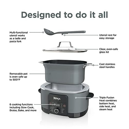 Ninja MC1001 Foodi PossibleCooker PRO 8.5 Quart Multi-Cooker, with 8-in-1 Slow Cooker, Dutch Oven, Steamer, Glass Lid Integrated Spoon, Nonstick, Oven Safe Pot to 500°F, Sea Salt Gray