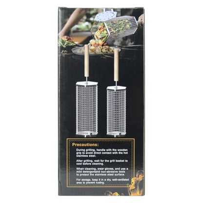 ivtivfu Rolling Grill Baskets (Hexagon), Removable Wooden Handle, 304 Stainless Steel, Nesting BBQ Accessories Tools for Vegetables Shrimp, Outdoor Cooking Camping, Birthday Gifts for Men Dad Husband
