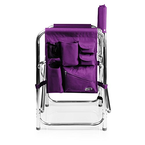 PICNIC TIME Sports Chair with Side Table, Outdoor Foldable Padded Adult Camping Chairs with Cup and Accessory Panel for Lawn, Beach, & Sports Use for Adults, up to 300-lbs Capacity, (Purple)