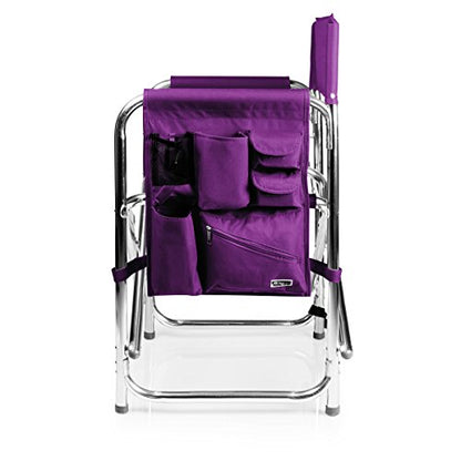 PICNIC TIME Sports Chair with Side Table, Outdoor Foldable Padded Adult Camping Chairs with Cup and Accessory Panel for Lawn, Beach, & Sports Use for Adults, up to 300-lbs Capacity, (Purple)