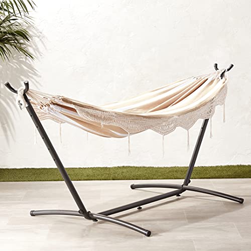 Amazon Basics Double Hammock with 9-Foot Space Saving Steel Stand and Carrying Case, 450 lb Capacity, Beige Stripe with Lace, 110 x 47 x 43 inches