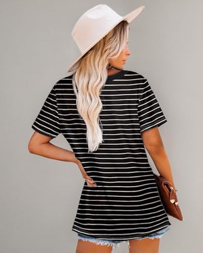 Jescakoo Tshirts for Womens Casual Summer Round Neck Striped Tops Black L