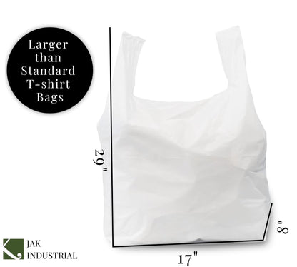 100 Pack - Jumbo (LARGE) T-Shirt Shopping/Trash Bags - 17" x 8" x 29" - 18 Microns Thick