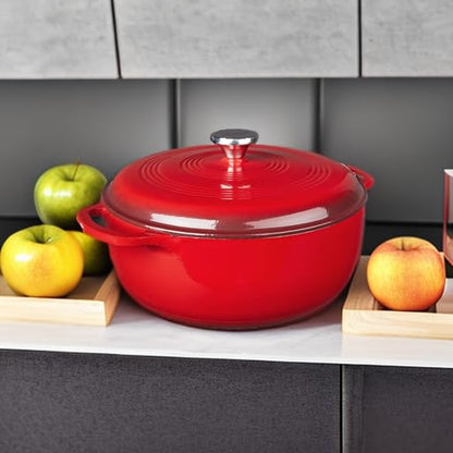 Lodge 7.5 Quart Enameled Cast Iron Dutch Oven with Lid – Dual Handles – Oven Safe up to 500° F or on Stovetop - Use to Marinate, Cook, Bake, Refrigerate and Serve – Island Spice Red
