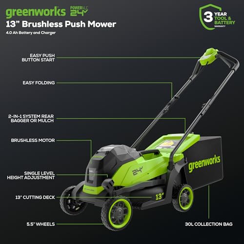 Greenworks 24V 13" Brushless (Push) Cordless Lawn Mower, 4.0Ah Battery and Charger