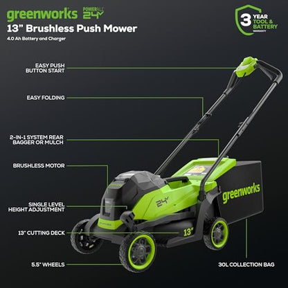 Greenworks 24V 13" Brushless (Push) Cordless Lawn Mower, 4.0Ah Battery and Charger