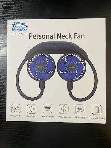 HandFan 10000mAh Portable Neck Fan Rechargeable, 48Hrs Long-Lasted Wearable Personal Fans, Hands Free Necklace Fans, Hanging Cooling Fan for Travel, Hiking, Fishing, Gifts for Women Men