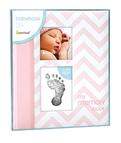 Pearhead Baby Memory Book, First 5 Years Baby Milestone Book, Pregnancy Journal, Gender Neutral Newborn Keepsake, With Clean-Touch Ink Pad For Baby's Handprint or Footprint, Pink Chevron