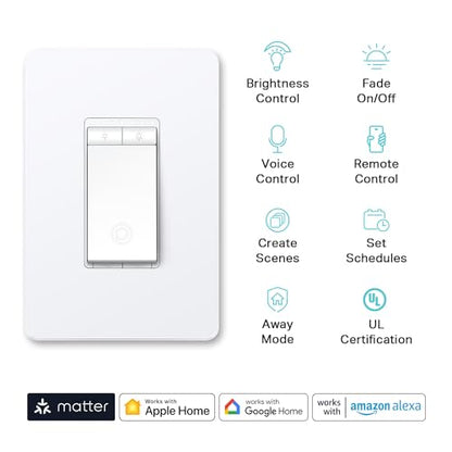 Kasa Matter Smart Dimmer Switch: Voice Control w/Siri, Alexa & Google Assistant, UL Certified, Timer & Schedule, Easy Guided Install, Neutral Wire Required, Single Pole, 2.4GHz Wi-Fi, 3-Pack