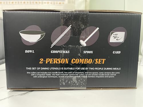 8-Inch Ceramic Ramen Bowl Set of 2 (9 Piece) - Porcelain Japanese Salad Noodles Cereal Fruit Pasta Soup Large Bowls with Recipes Chopsticks Forks Spoons for Men Women Gift Microwave & Dishwasher Safe