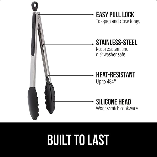 GORILLA GRIP Stainless Steel Heat Resistant Kitchen Tongs for Cooking, Set of 2 BBQ Tong, Non Scratch Silicone Tip for Pans, Strong Grip, Grab Food, Toss Salad, Air Fryer, Pull Lock, 7 + 9 Inch, Black