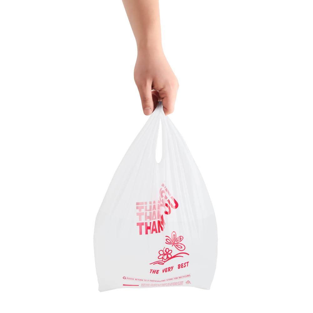 PlaTree Small Thank You T-Shirt Bags, 800 Count, 8" X 4" X 16", 14 mic (0.55 Mil), (Thank You), Retail Plastic, Bulk, Thank You, T-Shirt, Desk Trash, Grocery Bags with Handles, Made in Korea