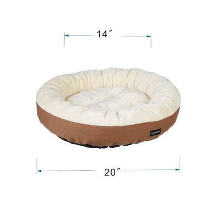 Amazon Basics Round Bolster Pet Bed for Dog or Cat with Flannel Top, 20.0" L x 20.0" W x 8.0" Th, Brown and Ivory