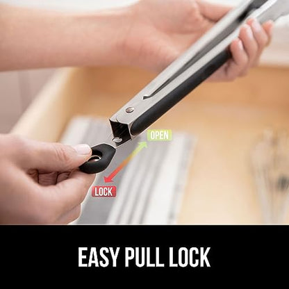 GORILLA GRIP Stainless Steel Heat Resistant Kitchen Tongs for Cooking, Set of 2 BBQ Tong, Non Scratch Silicone Tip for Pans, Strong Grip, Grab Food, Toss Salad, Air Fryer, Pull Lock, 7 + 9 Inch, Black