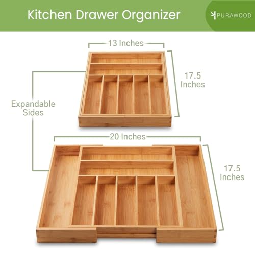 Purawood Bamboo Drawer Organizer - Expandable Silverware Organizer & Utensil Drawer Organizer, Cutlery Tray with Dividers, 7-9 Slots- Kitchen Organizer for Utensils & Flatware (Natural)