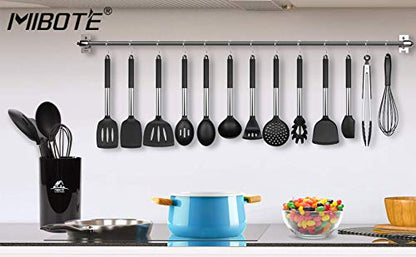 MIBOTE Silicone Kitchen Utensils Set, Cooking Utensils Set with Heat Resistant BPA-Free Silicone and Stainless Steel Handle Kitchen Tools Set (Black)