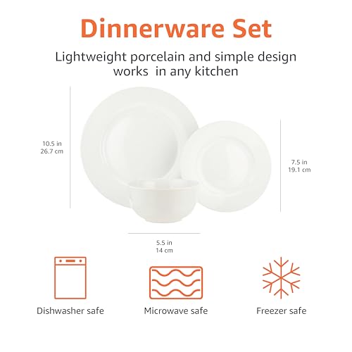 Amazon Basics Kitchen Dinnerware Set, Microwave and Dishwasher Safe, Plates, Bowls, Service for 6, 18-Piece, White
