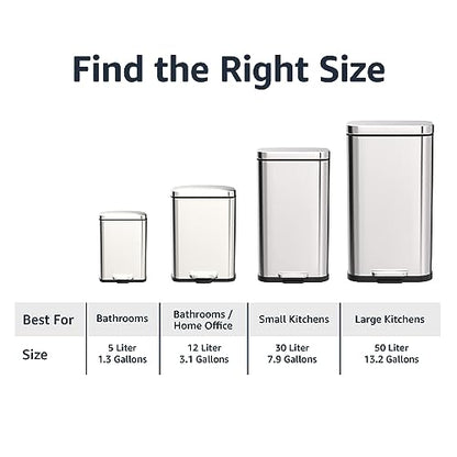 Amazon Basics Smudge Resistant Rectangular Trash Can With Soft-Close Foot Pedal, Brushed Stainless Steel, 50 Liter/13.2 Gallon, Satin Nickel Finish, 16.7"L x 14.7"W x 25.9"H