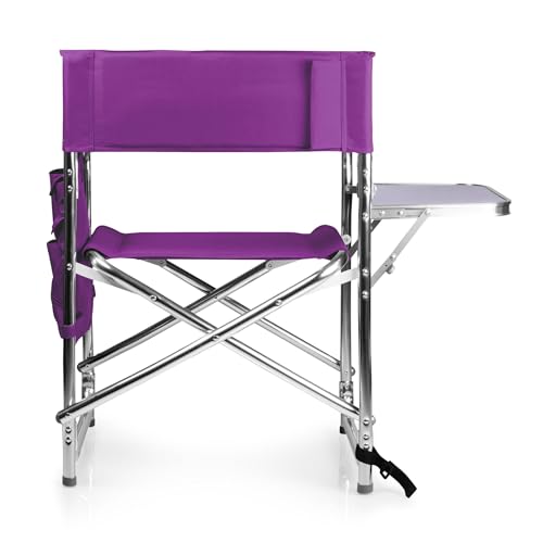 PICNIC TIME Sports Chair with Side Table, Outdoor Foldable Padded Adult Camping Chairs with Cup and Accessory Panel for Lawn, Beach, & Sports Use for Adults, up to 300-lbs Capacity, (Purple)