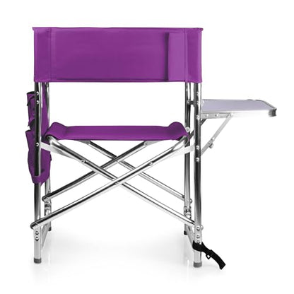 PICNIC TIME Sports Chair with Side Table, Outdoor Foldable Padded Adult Camping Chairs with Cup and Accessory Panel for Lawn, Beach, & Sports Use for Adults, up to 300-lbs Capacity, (Purple)
