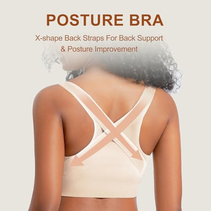 Posture Bra for Women Wireless Push Up Bralette Full Coverage Back Support Brasieres, Beige, L