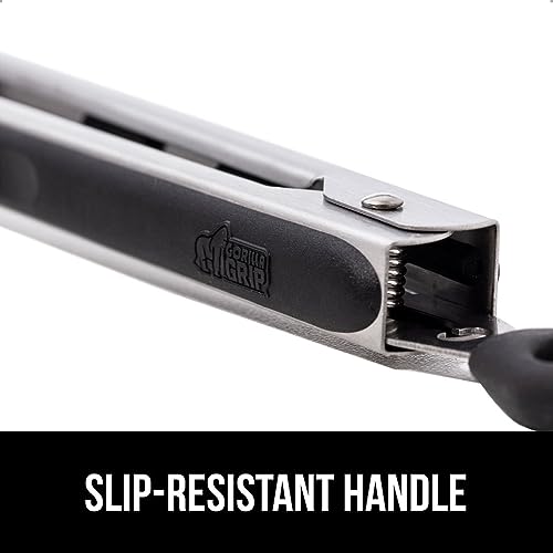 GORILLA GRIP Stainless Steel Heat Resistant Kitchen Tongs for Cooking, Set of 2 BBQ Tong, Non Scratch Silicone Tip for Pans, Strong Grip, Grab Food, Toss Salad, Air Fryer, Pull Lock, 7 + 9 Inch, Black
