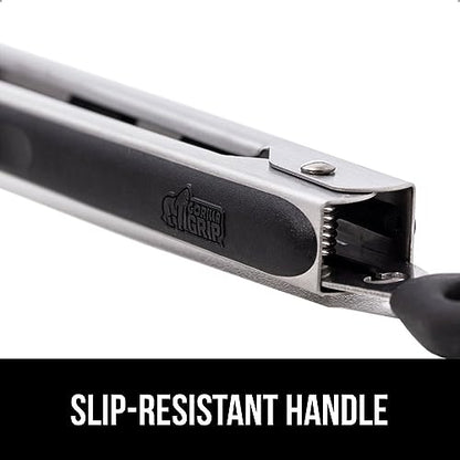 GORILLA GRIP Stainless Steel Heat Resistant Kitchen Tongs for Cooking, Set of 2 BBQ Tong, Non Scratch Silicone Tip for Pans, Strong Grip, Grab Food, Toss Salad, Air Fryer, Pull Lock, 7 + 9 Inch, Black