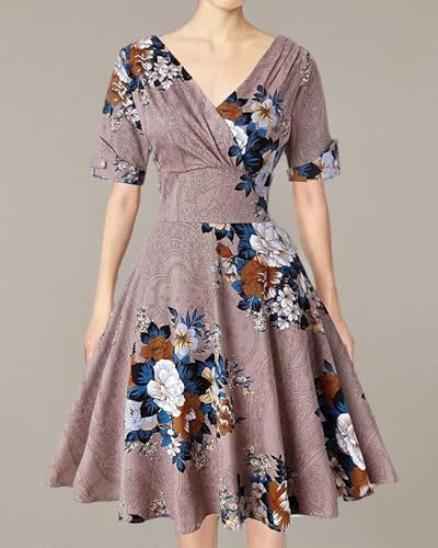 MINTLIMIT Women's V-Neck Floral Half Sleeve Midi Fit Flare Retro Dress Cocktail Dresses (Light Brown,Size XL)