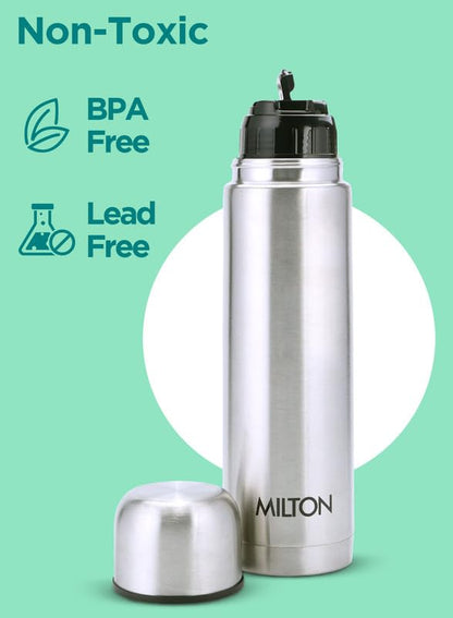 Milton Thermosteel Flip Lid 1000, Double Walled Vacuum Insulated Thermos 1000 ml | 34 oz | 1 Ltr | 24 Hours Hot and Cold Water Bottle with Cover, Stainless Steel, BPA Free,Leak Proof | Silver