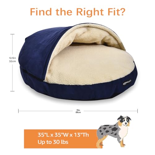 Amazon Basics Pet Cave Bed for Dog, With Removal Nesting Cave Cover, Fits up to 30lbs Pets, 35 x 35 x 13 inches, Blue