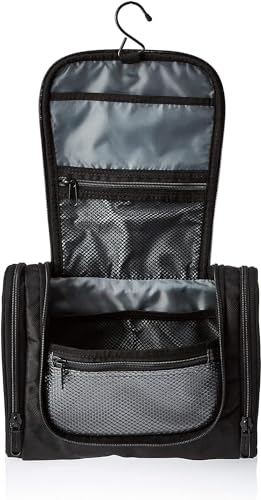 Amazon Basics Travel Toiletry Bag for Men and Women, Hanging Toiletry Bag, Dopp Kit with 2 Side Pockets, Multiple Interior Pockets, Durable 1680D Polyester, Handles Bathroom Spills/Splashes, Black